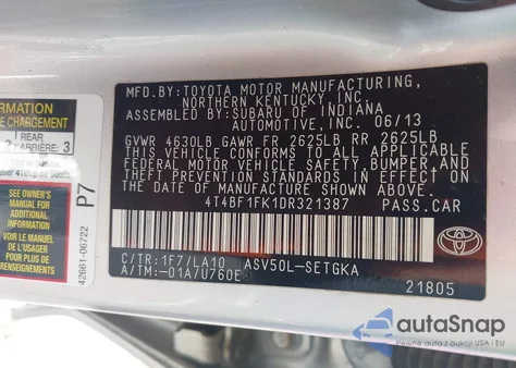 2013 Toyota Camry from USA, damaged, VIN 4T4BF1FK1DR321387